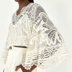 NWT FARM Rio Cream Crochet V-Neck Bell Sleeve Top Guipire Blouse